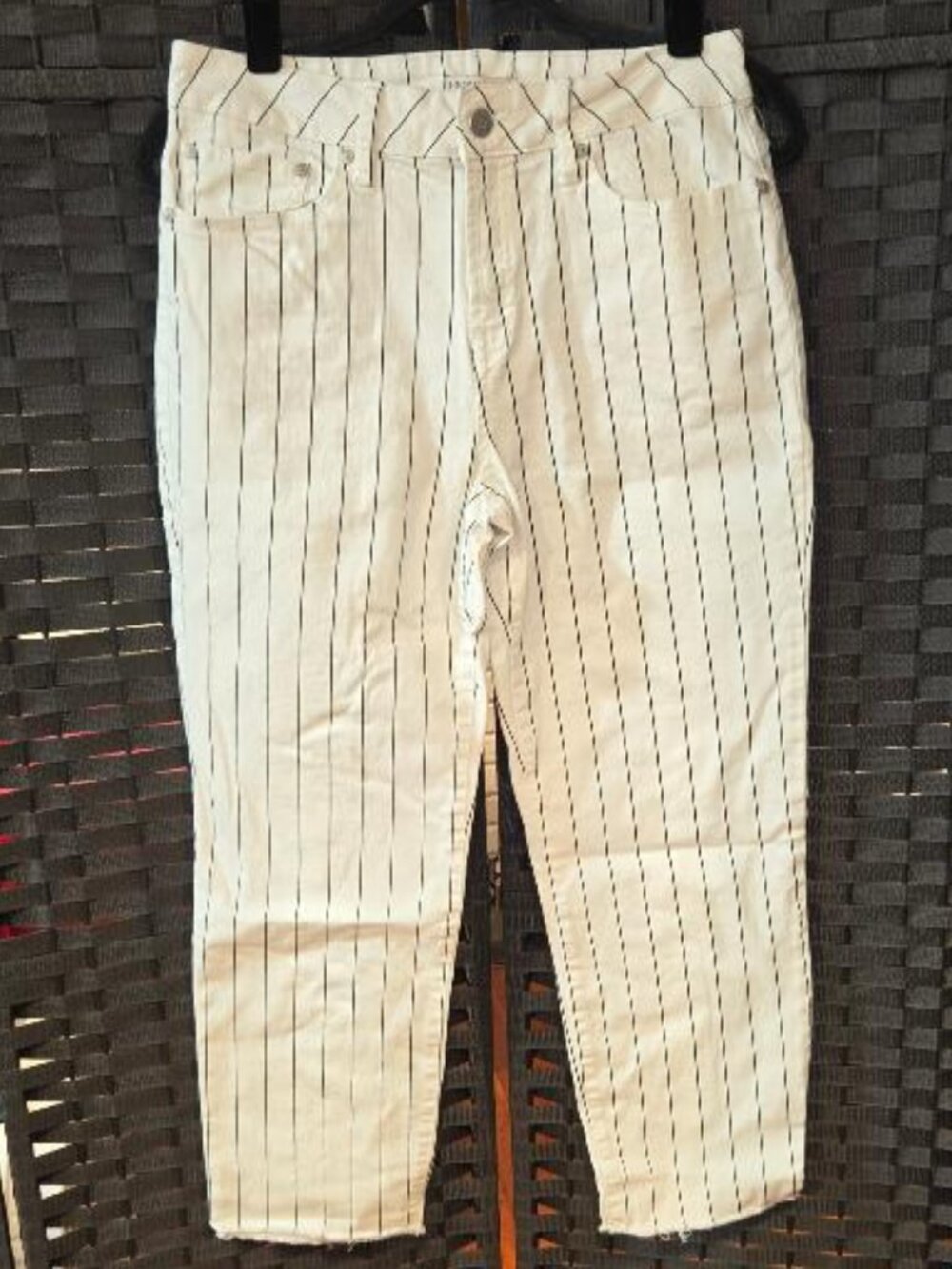 Sincerely Jules White Pinstripe High Rise Straight Leg Jeans Raw Frayed Hem